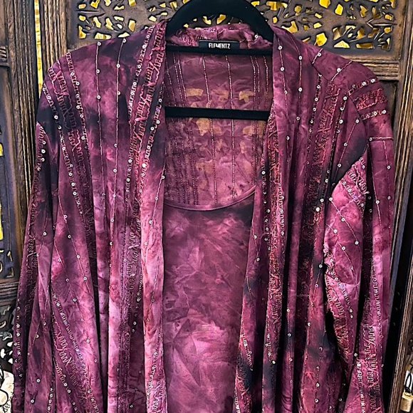 ELEMENTZ RUBY RED MAROON CRANBERRY DOUBLE SHIRT BLOUSE W/ MULTICOLOR SEQUINS 2X - Picture 1 of 5